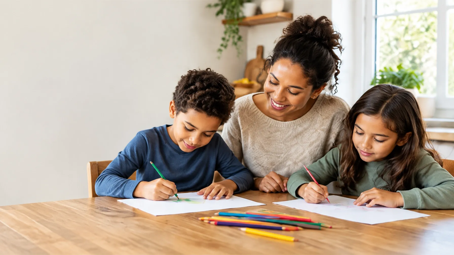 A parent and two children sharing a quiet moment drawing together at home